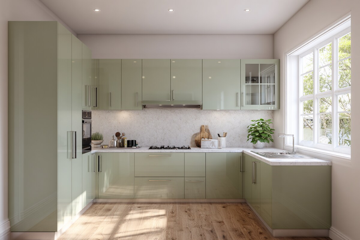 High-Gloss Acrylic Modular Kitchen with Calacatta Quartz Countertop & Seamless Edge #146